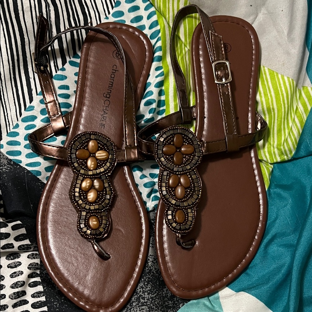 Charming Charlie Bronze and Brown Beaded Sandals